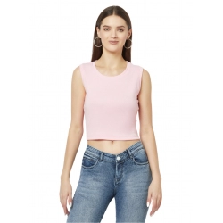 Generic Women's Cotton Blend Solid Sleeveless Round Neck Regular Top (Pink)