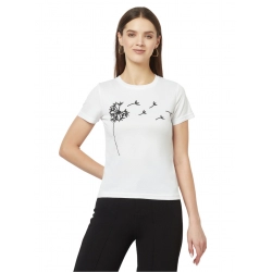 Generic Women's Cotton Blend Printed Regular Sleeves Round Neck Regular Top (White)