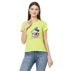 Generic Women's Cotton Blend Printed Regular Sleeves Round Neck Regular Top (Light-Green)