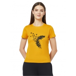 Generic Women's Cotton Blend Printed Regular Sleeves Round Neck Regular Top (Yellow)