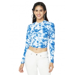Generic Women's Polyester Self Design Regular Sleeves Round Neck Crop Top (White-Blue)