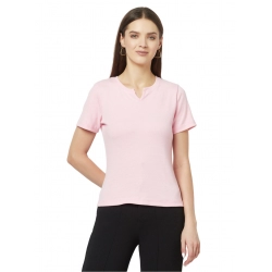 Generic Women's Cotton Blend Self Design Regular Sleeves V-Neck Regular Top (Pink)