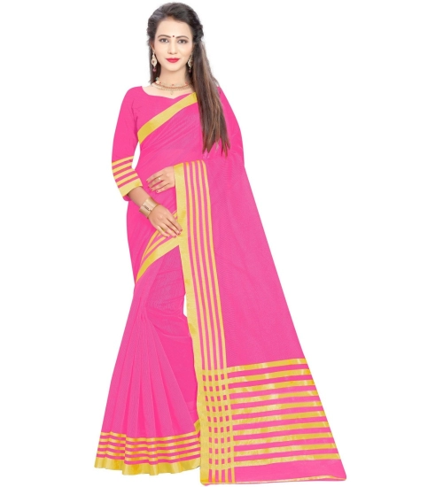 Generic Women's Jacquard Striped Saree With Unstitched Blouse 5.5Mtr (Pink)