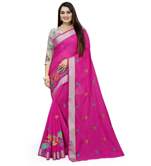 Generic Women's Cotton Silk Embroidered Saree With Unstitched Blouse 5.5Mtr (Pink)