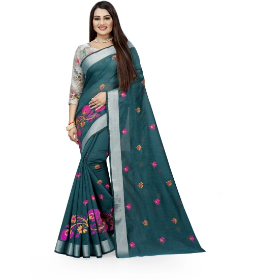Generic Women's Cotton Silk Embroidered Saree With Unstitched Blouse 5.5Mtr (Dark Green)