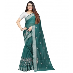 Generic Women's Cotton Silk Embroidered Saree With Unstitched Blouse 5.5Mtr (Dark Green)