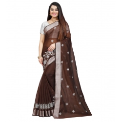 Generic Women's Cotton Silk Embroidered Saree With Unstitched Blouse 5.5Mtr (Brown)