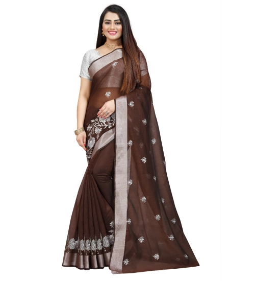 Generic Women's Cotton Silk Embroidered Saree With Unstitched Blouse 5.5Mtr (Brown)