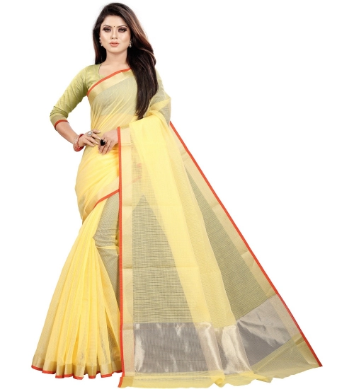 Generic Women's Cotton Silk Checkered Saree With Unstitched Blouse 5.5Mtr (Yellow)