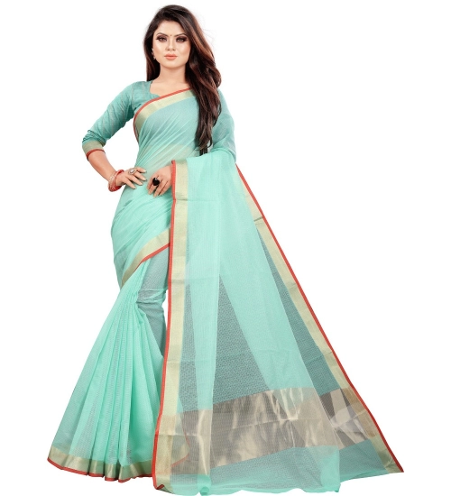 Generic Women's Cotton Silk Checkered Saree With Unstitched Blouse 5.5Mtr (Light Blue)