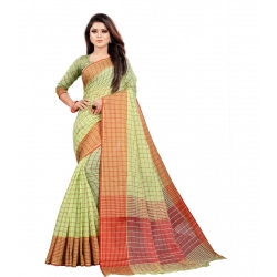 Generic Women's Cotton Silk Checkered Saree With Unstitched Blouse 5.5Mtr (Green)
