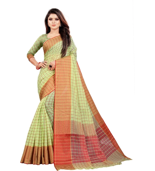 Generic Women's Cotton Silk Checkered Saree With Unstitched Blouse 5.5Mtr (Green)