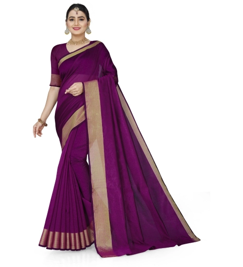 Generic Women's Cotton Silk Self Design Saree With Unstitched Blouse 5.5Mtr (Purple)