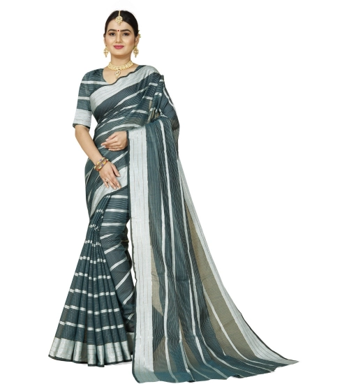 Generic Women's Cotton Silk Striped Saree With Unstitched Blouse 5.5Mtr (Dark Green)