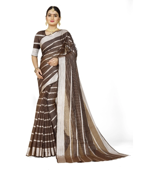Generic Women's Cotton Silk Striped Saree With Unstitched Blouse 5.5Mtr (Brown)