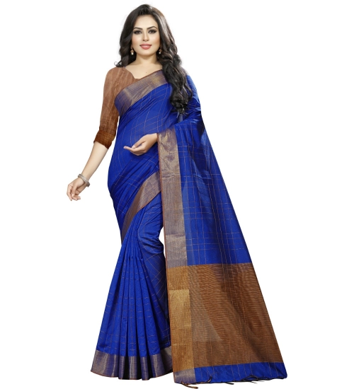 Generic Women's Cotton Silk Self Design Saree With Unstitched Blouse 5.5Mtr (Blue)