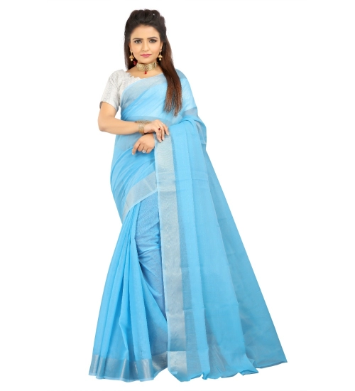 Generic Women's Cotton Silk Self Design Saree With Unstitched Blouse 5.5Mtr (Light Blue)