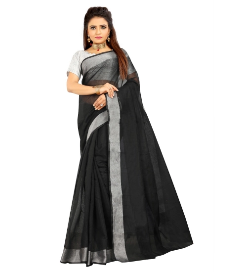 Generic Women's Cotton Silk Self Design Saree With Unstitched Blouse 5.5Mtr (Black)