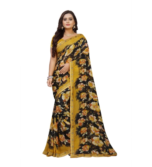 Generic Women's Georgette Floral Print Saree With Unstitched Blouse 5.5Mtr (Black-Mustard)