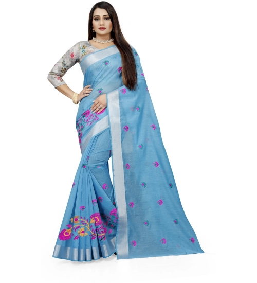 Generic Women's Cotton Silk Embroidered Saree With Unstitched Blouse 5.5Mtr (Light Blue)