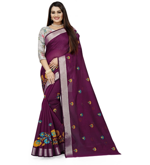 Generic Women's Cotton Silk Embroidered Saree With Unstitched Blouse 5.5Mtr (Purple)