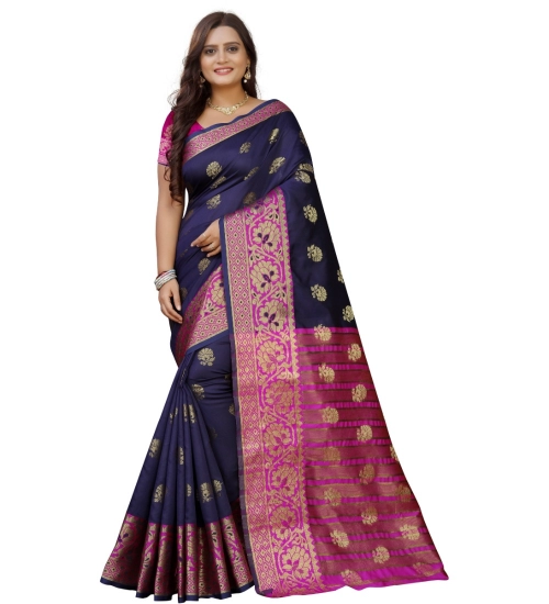 Generic Women's Silk Blend Woven Saree With Unstitched Blouse 5.5Mtr (Dark Blue-Pink)