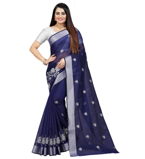 Generic Women's Cotton Silk Embroidered Saree With Unstitched Blouse 5.5Mtr (Blue)