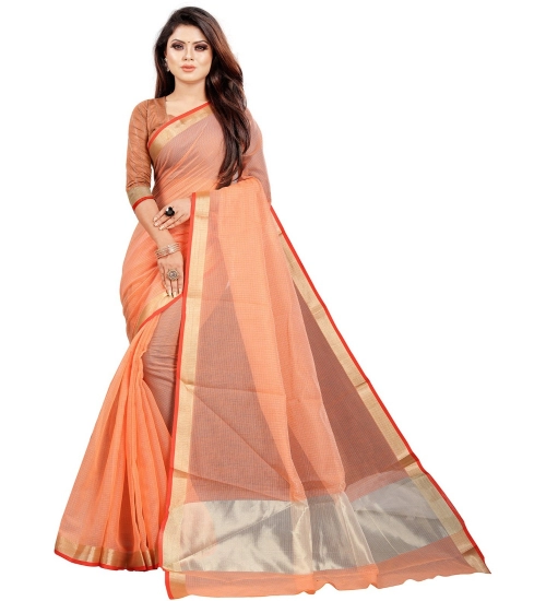 Generic Women's Cotton Silk Checkered Saree With Unstitched Blouse 5.5Mtr (Orange)