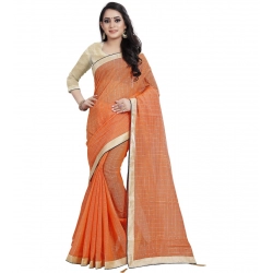 Generic Women's Cotton Silk Checkered Saree With Unstitched Blouse 5.5Mtr (Orange)