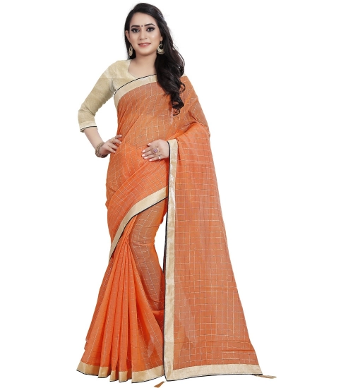 Generic Women's Cotton Silk Checkered Saree With Unstitched Blouse 5.5Mtr (Orange)