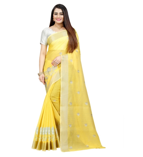 Generic Women's Cotton Silk Embroidered Saree With Unstitched Blouse 5.5Mtr (Yellow)