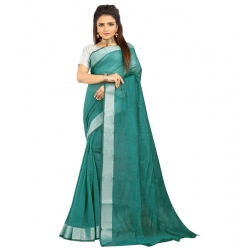 Generic Women's Cotton Silk Self Design Saree With Unstitched Blouse 5.5Mtr (Dark Green)