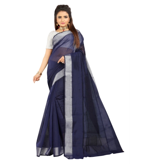 Generic Women's Cotton Silk Self Design Saree With Unstitched Blouse 5.5Mtr (Blue)