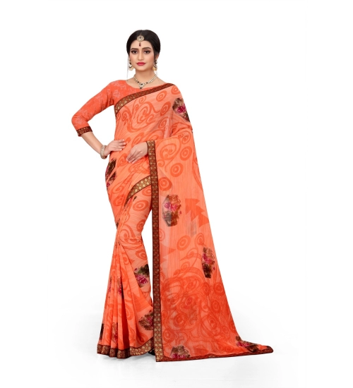 Generic Women's Georgette Floral Print Saree With Unstitched Blouse 5.5Mtr (Orange)