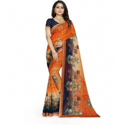 Generic Women's Georgette Floral Print Saree With Unstitched Blouse 5.5Mtr (Blue-Orange)