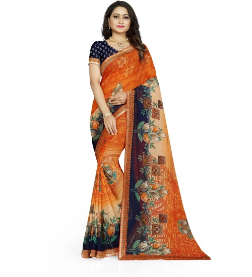 Generic Women's Georgette Floral Print Saree With Unstitched Blouse 5.5Mtr (Blue-Orange)