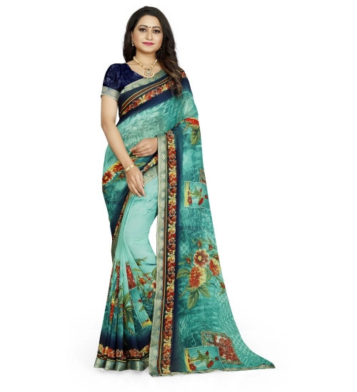 Generic Women's Georgette Floral Print Saree With Unstitched Blouse 5.5Mtr (Light Blue)