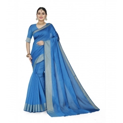 Generic Women's Cotton Silk Self Design Saree With Unstitched Blouse 5.5Mtr (Light Blue)