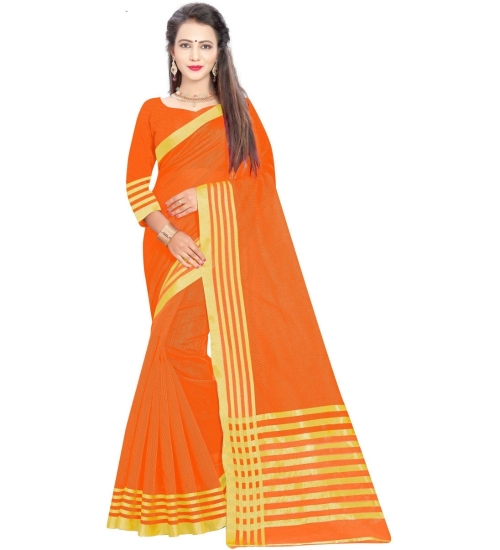 Generic Women's Jacquard Striped Saree With Unstitched Blouse 5.5Mtr (Orange)