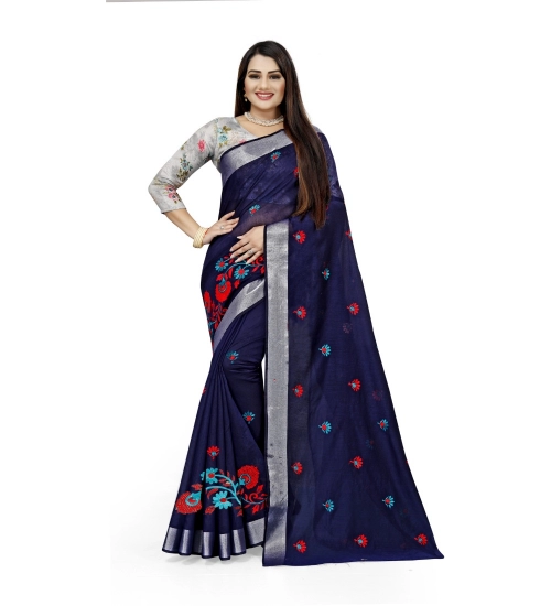 Generic Women's Cotton Silk Embroidered Saree With Unstitched Blouse 5.5Mtr (Dark Blue)