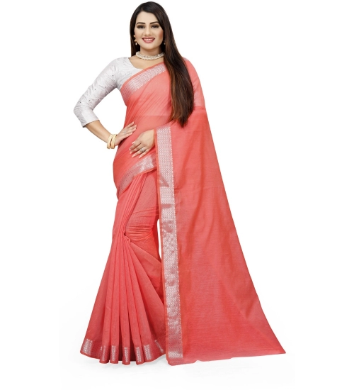 Generic Women's Cotton Silk Self Design Saree With Unstitched Blouse 5.5Mtr (Orange)