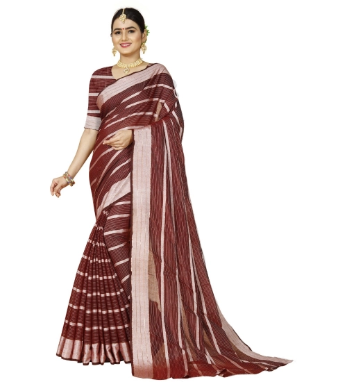 Generic Women's Cotton Silk Striped Saree With Unstitched Blouse 5.5Mtr (Red)