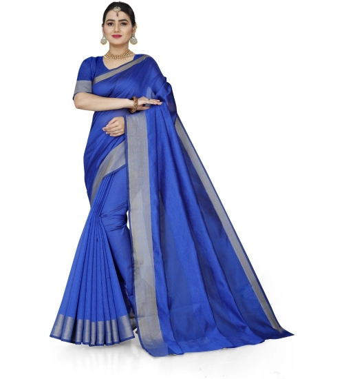 Generic Women's Cotton Silk Self Design Saree With Unstitched Blouse 5.5Mtr (Blue)