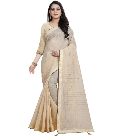 Generic Women's Cotton Silk Checkered Saree With Unstitched Blouse 5.5Mtr (Cream)