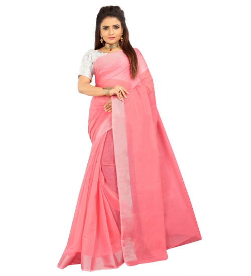 Generic Women's Cotton Silk Self Design Saree With Unstitched Blouse 5.5Mtr (Pink)