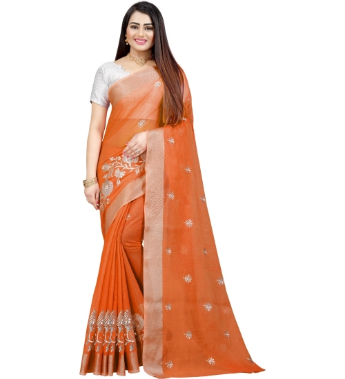 Generic Women's Cotton Silk Embroidered Saree With Unstitched Blouse 5.5Mtr (Orange)