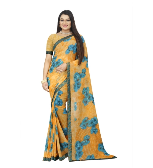 Generic Women's Georgette Floral Print Saree With Unstitched Blouse 5.5Mtr (Blue-Orange)