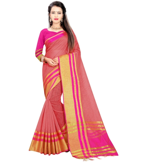 Generic Women's Jacquard Striped Saree With Unstitched Blouse 5.5Mtr (Pink)