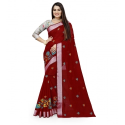 Generic Women's Cotton Silk Embroidered Saree With Unstitched Blouse 5.5Mtr (Maroon)