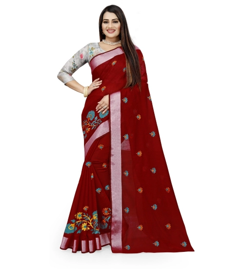 Generic Women's Cotton Silk Embroidered Saree With Unstitched Blouse 5.5Mtr (Maroon)